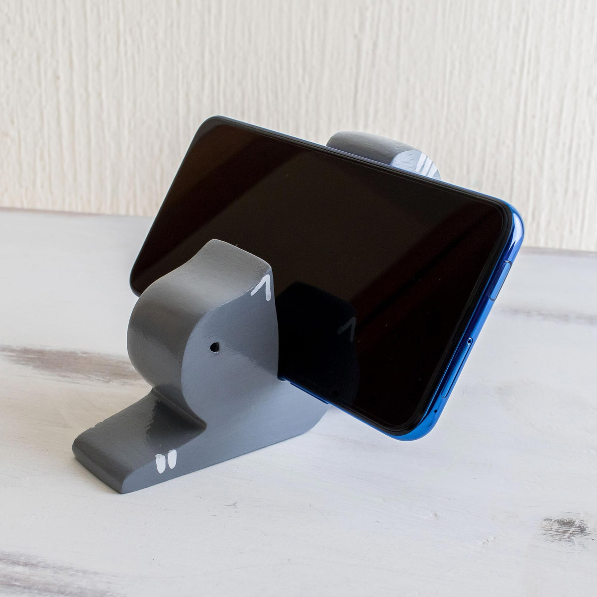 Stretching Cat - Hand-carved Grey Wood Cat Phone Holder