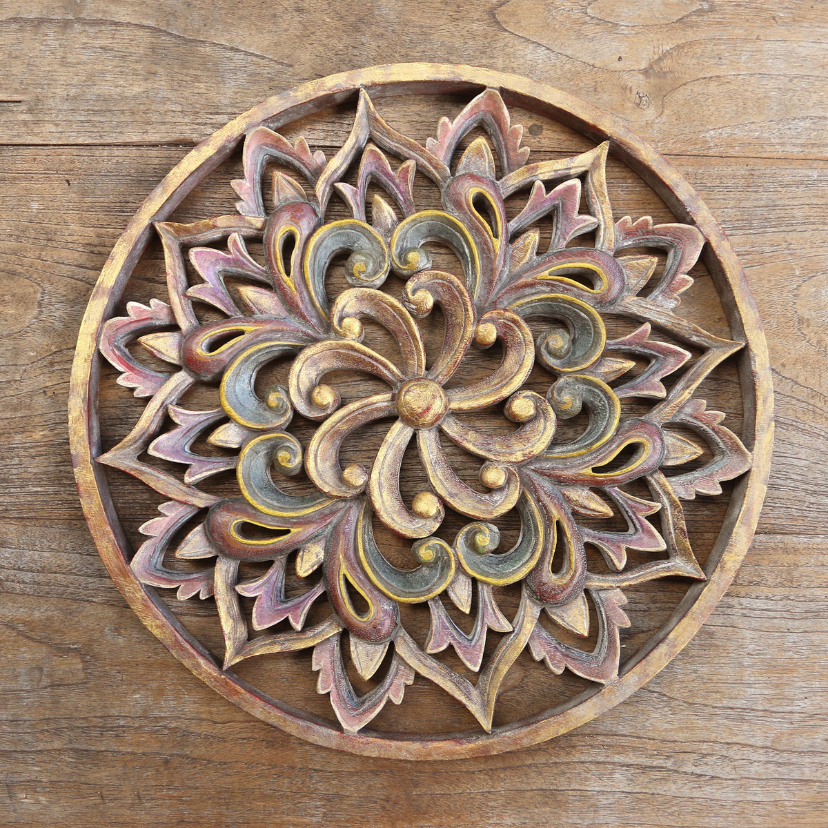 Twilight Flower - a Hand Carved Suar Wood Floral Relief Panel