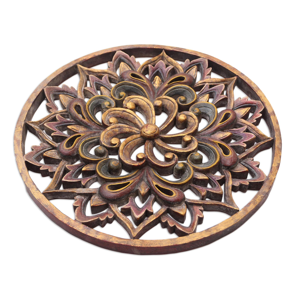 Twilight Flower - a Hand Carved Suar Wood Floral Relief Panel