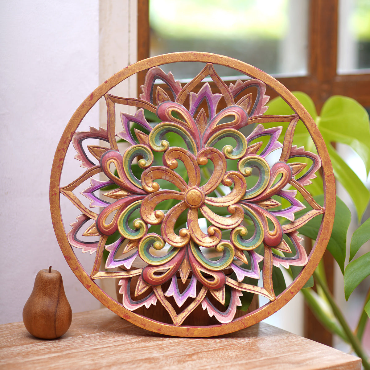 Twilight Flower - a Hand Carved Suar Wood Floral Relief Panel