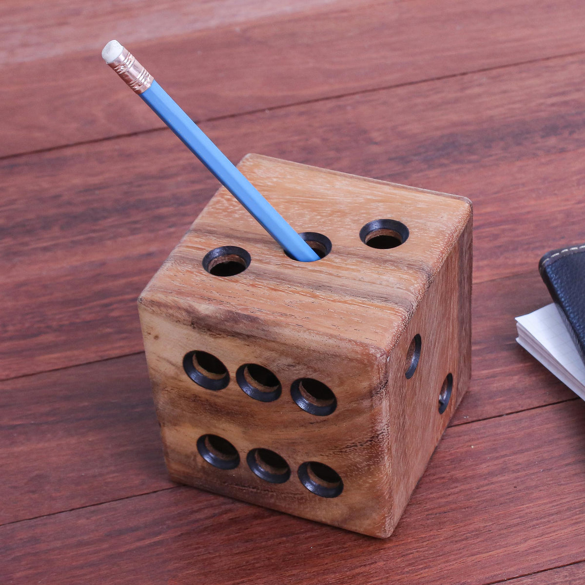 Hand Carved Raintree Wood Pen Holder from Thailand
