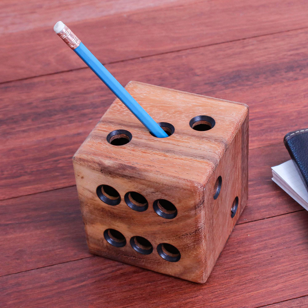 Hand Carved Raintree Wood Pen Holder from Thailand