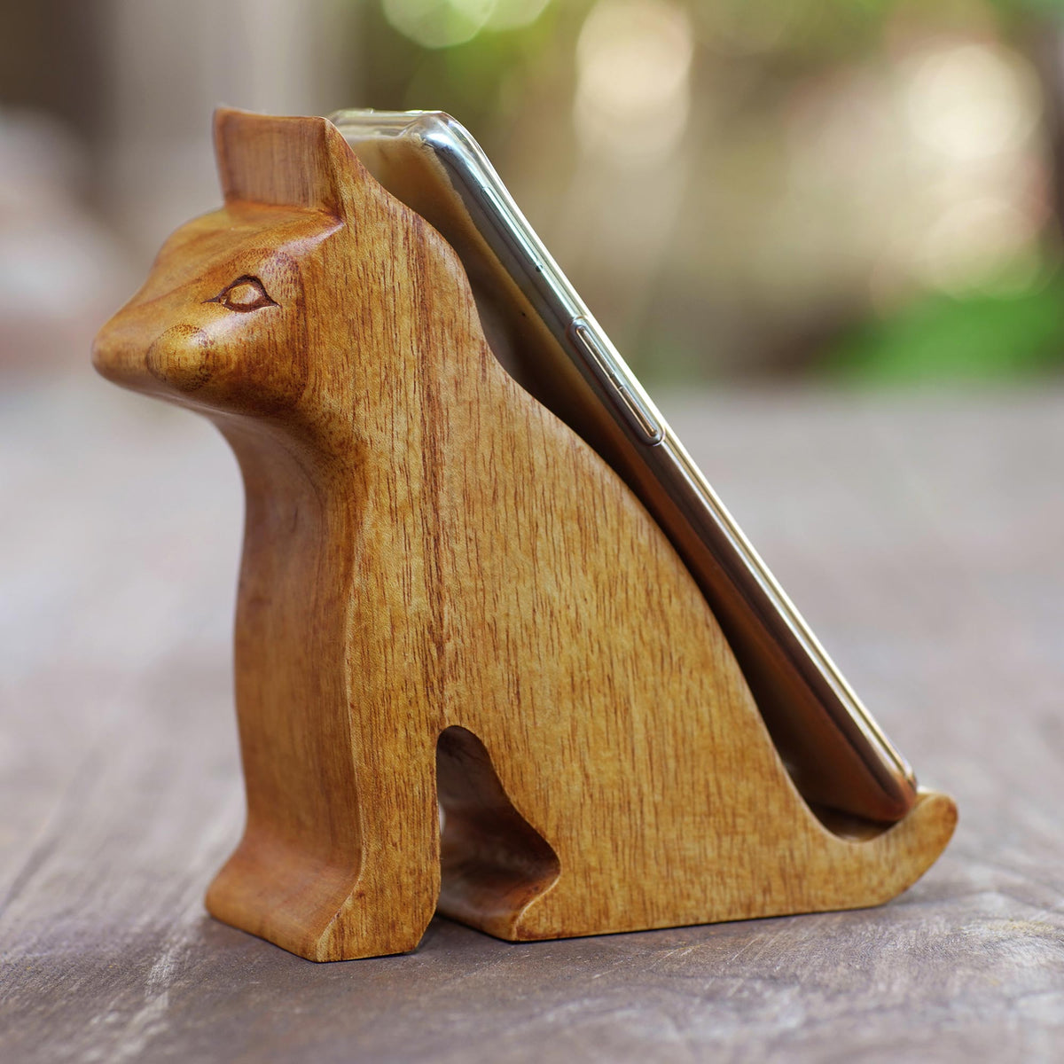 Handcrafted by Indonesian Artisans - Hand Made Jempinis Wood Cat Phone Stand - Dialing Cat