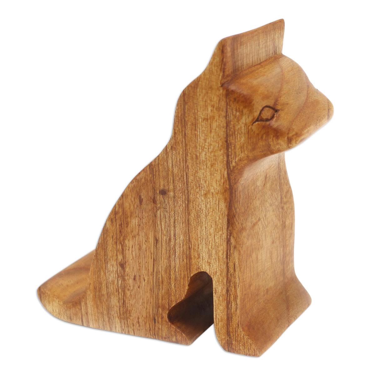 Handcrafted by Indonesian Artisans - Hand Made Jempinis Wood Cat Phone Stand - Dialing Cat