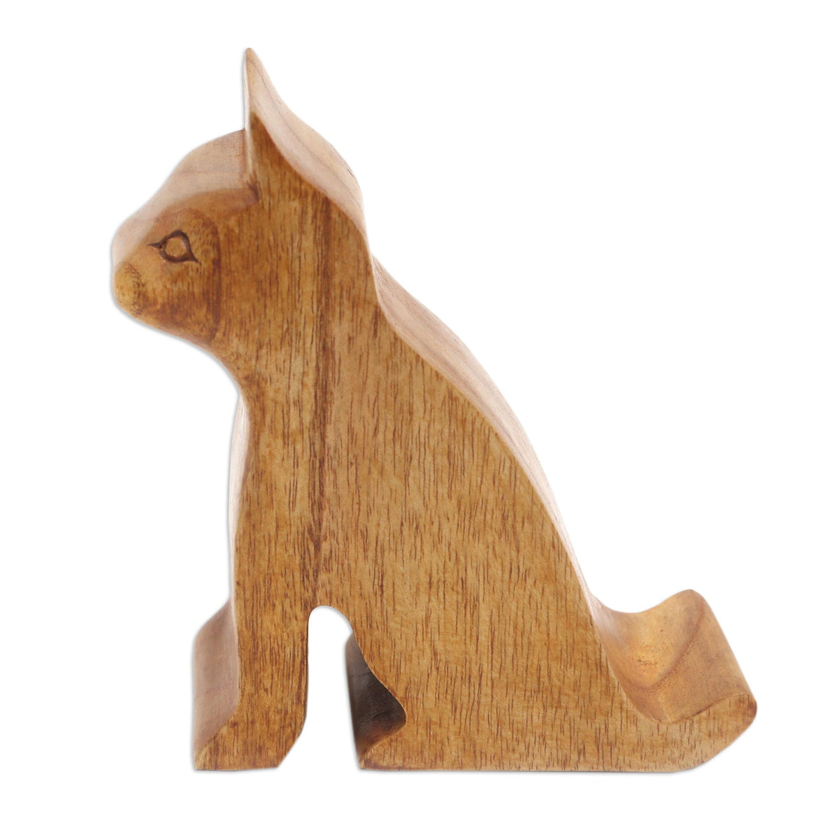 Handcrafted by Indonesian Artisans - Hand Made Jempinis Wood Cat Phone Stand - Dialing Cat