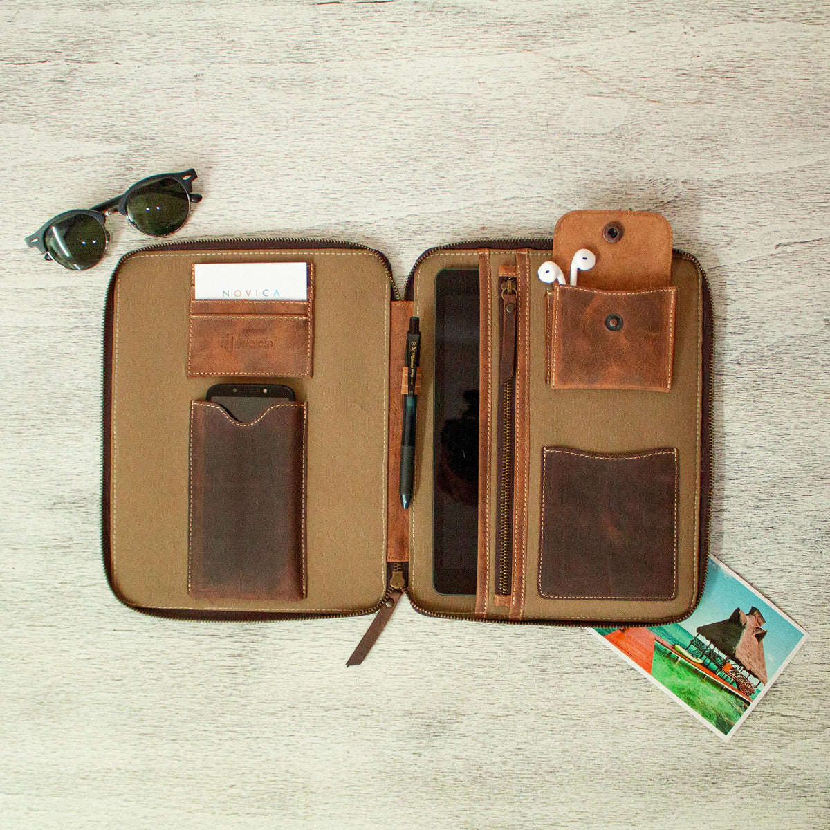 On the Move - a Brown Leather Tablet and Travel Case