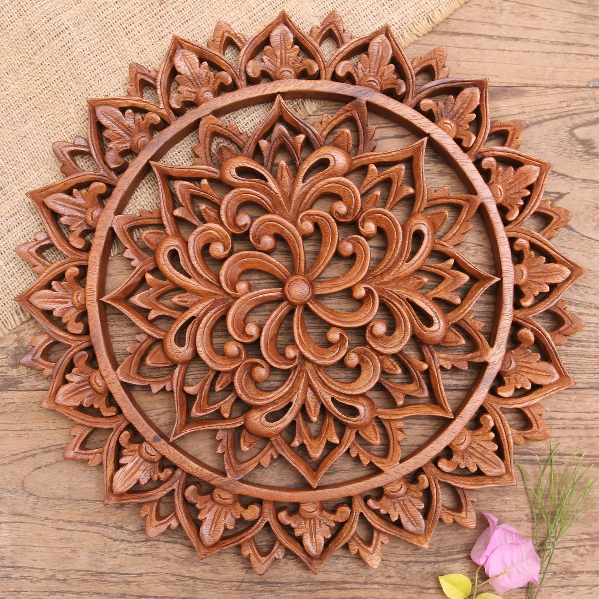 Flower Farm - an Artisan Crafted Suar Wood Relief Panel