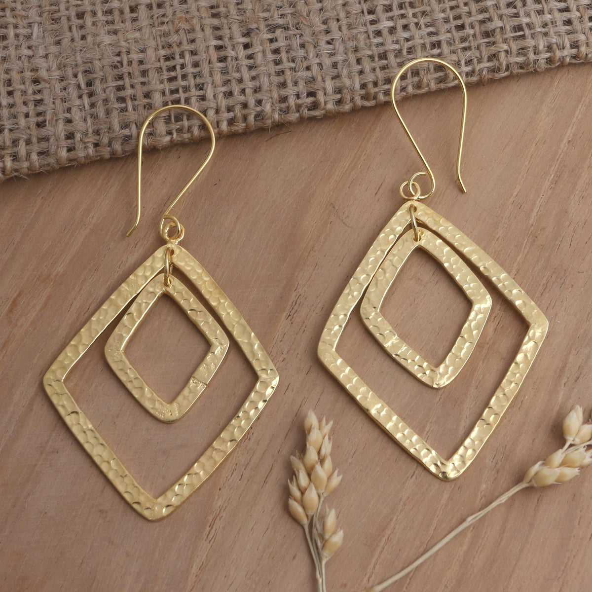 Party Guest- a Gold-Plated Dangle Earrings with Hammered Finish