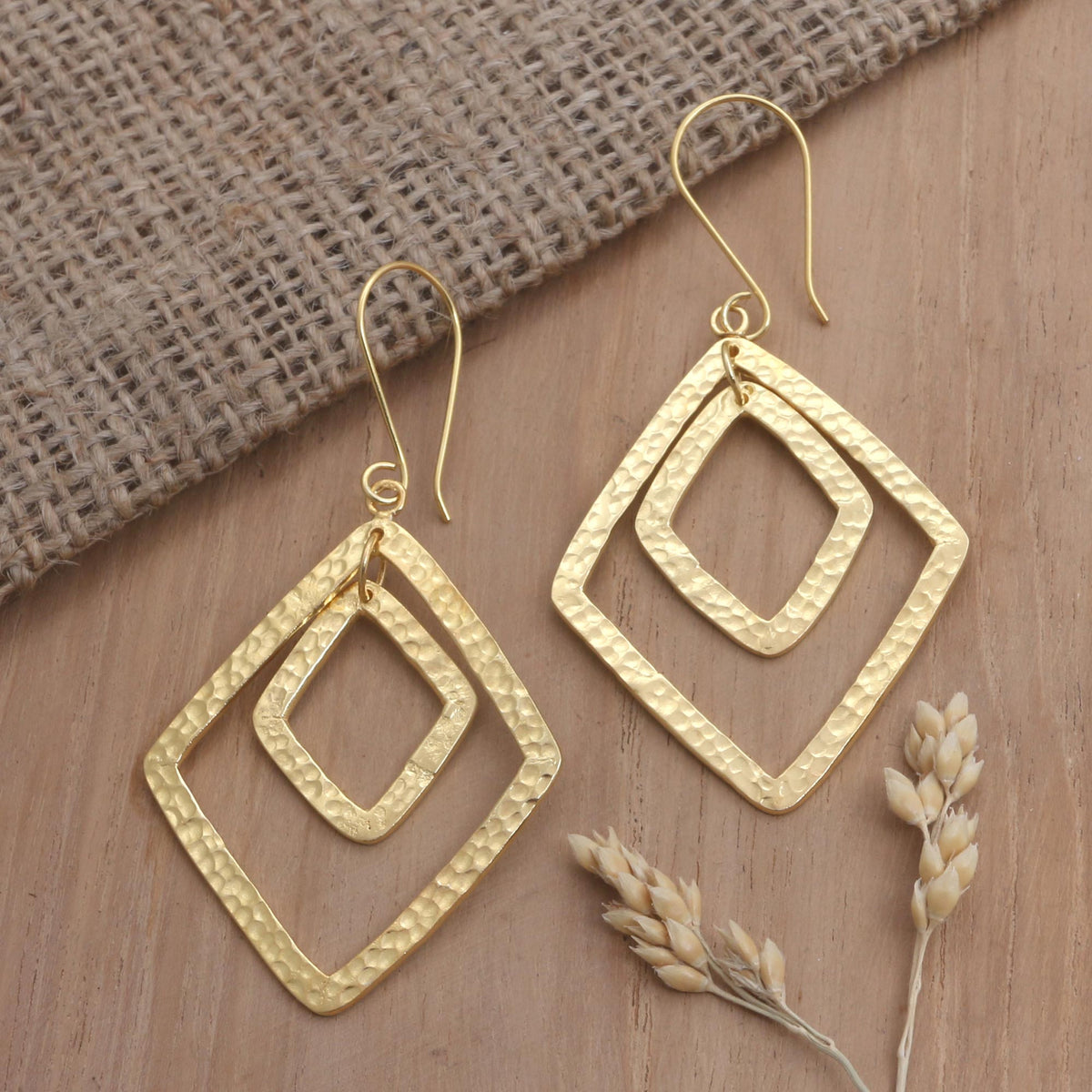 Party Guest- a Gold-Plated Dangle Earrings with Hammered Finish