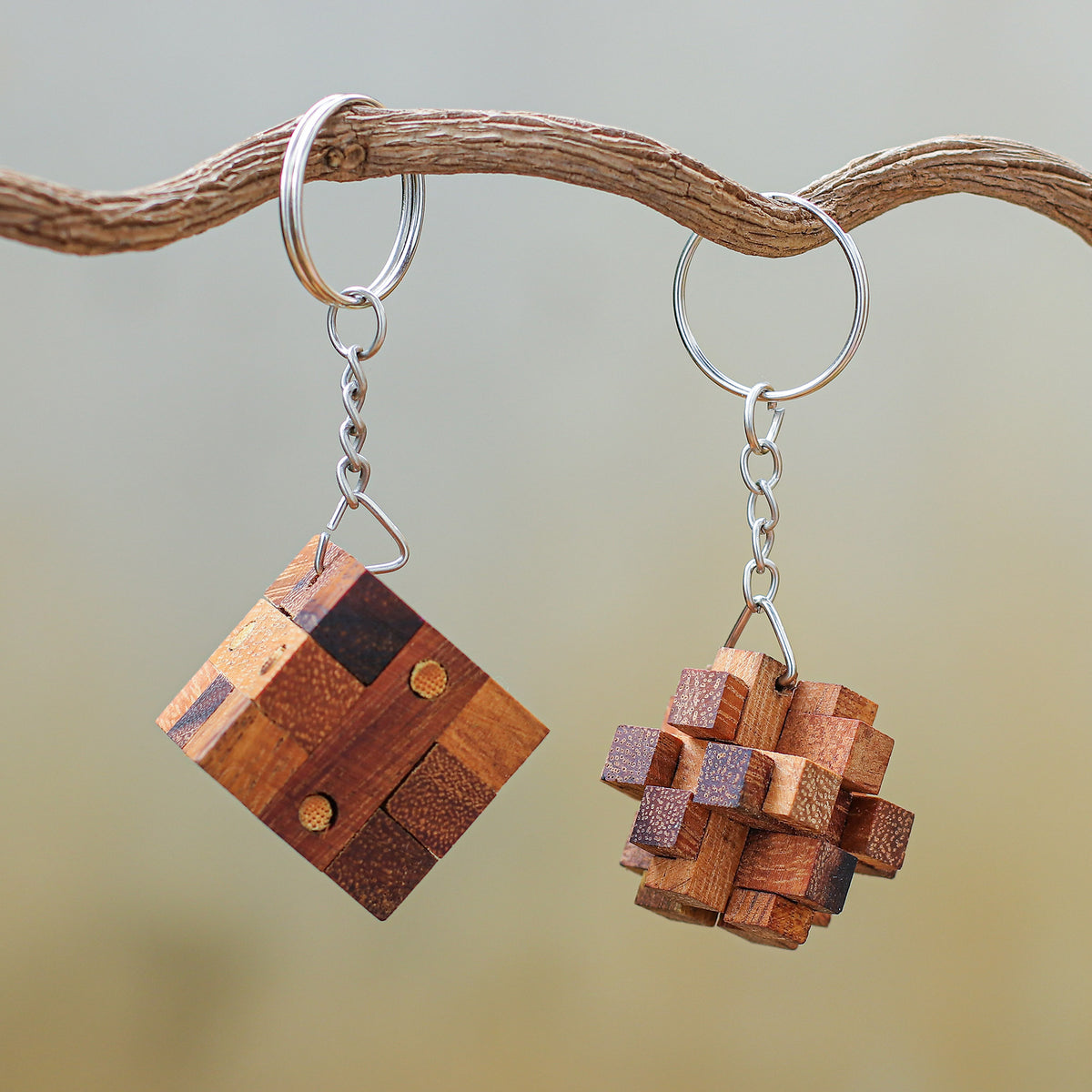 Nails and Squares - a Pair of Wooden Puzzle Keyrings from Thailand
