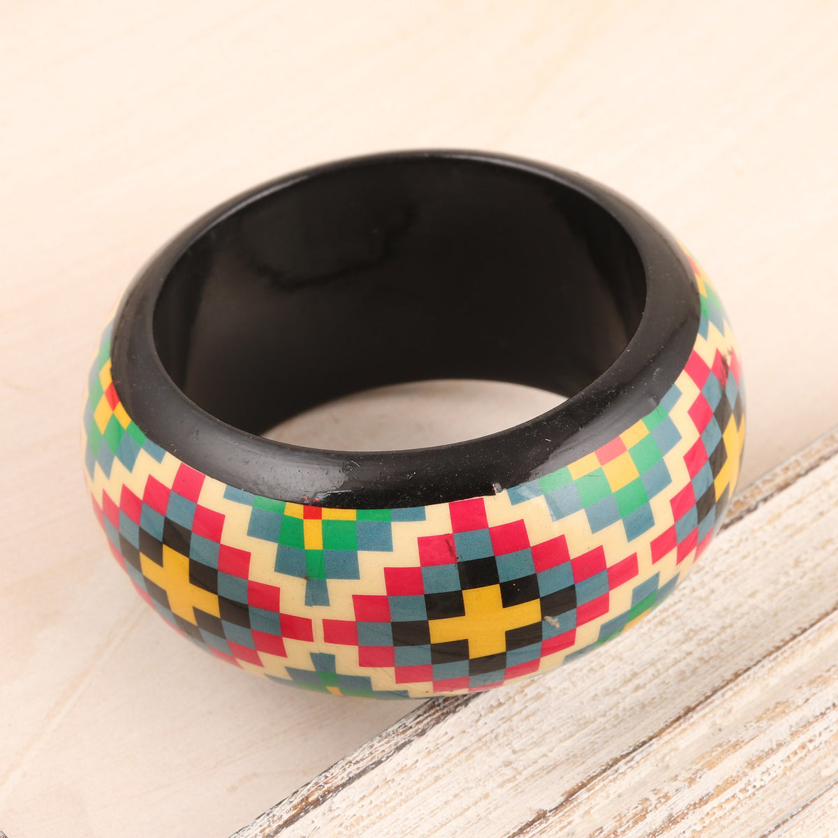 Checkered Stars - a Haldu Wood Bangle Bracelet with Colorful Printed Pattern