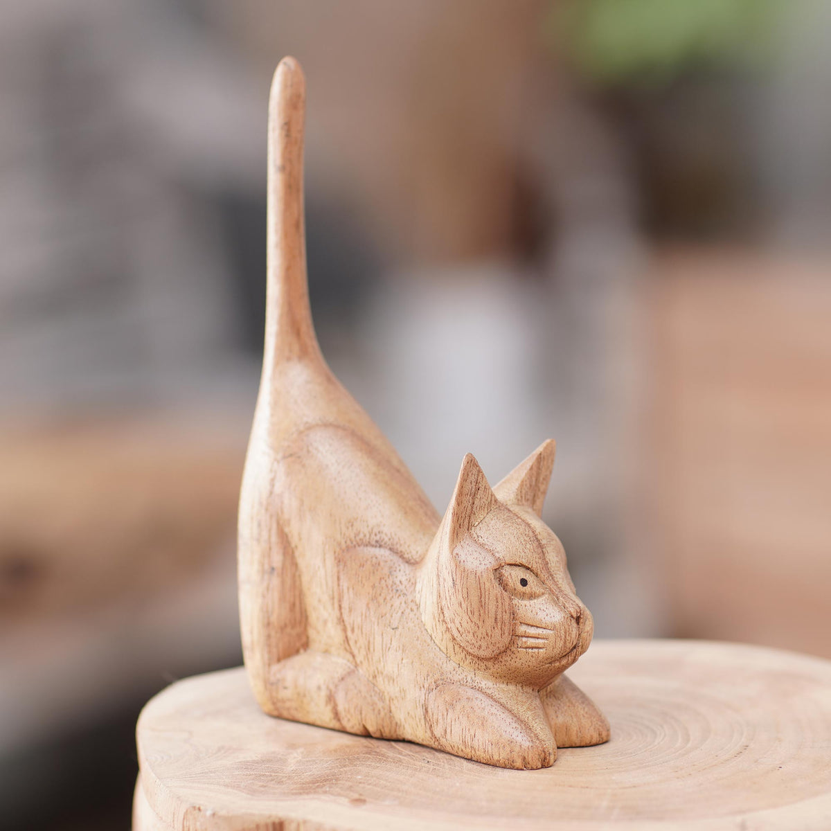 Balinese Hand-Carved Jempinis Wood Sculpture of Brown Cat