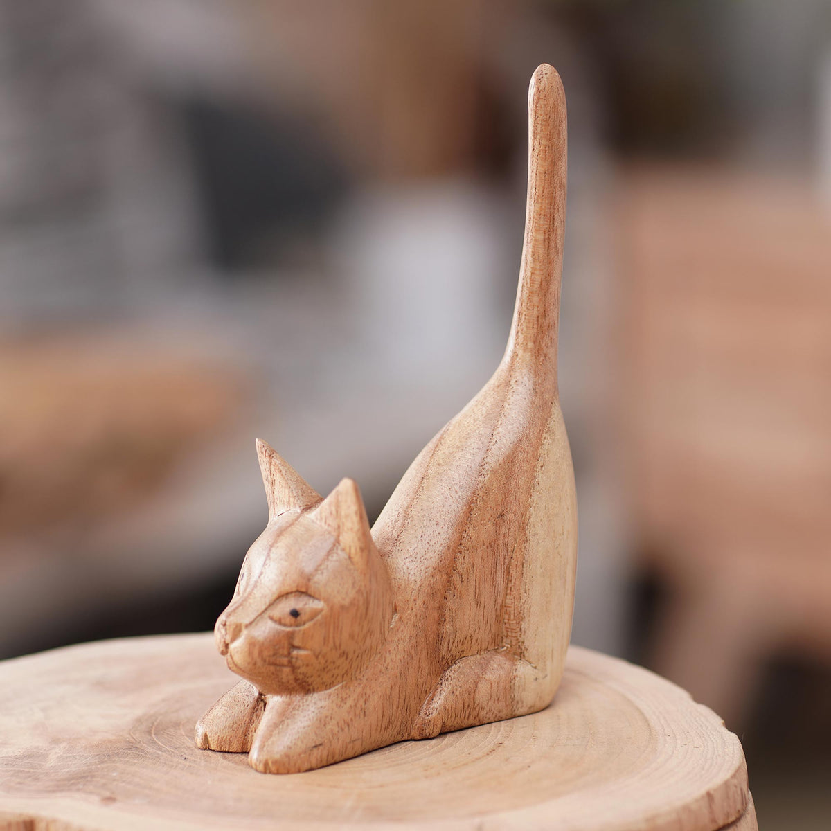 Balinese Hand-Carved Jempinis Wood Sculpture of Brown Cat