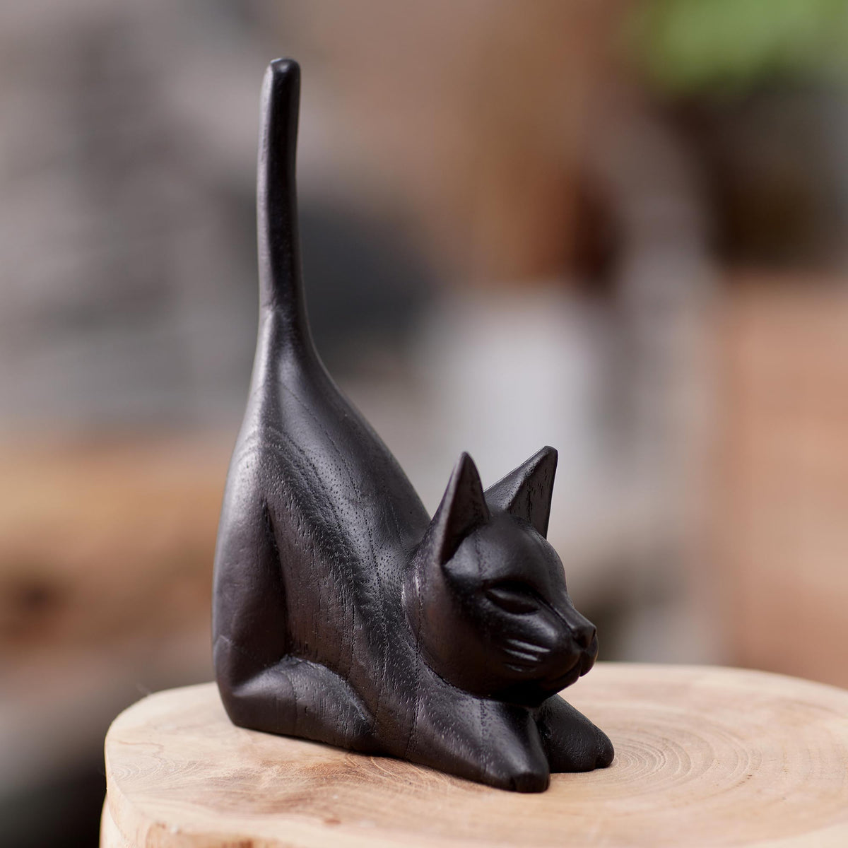 Stretching Black Kitten - a Balinese Hand-Carved Jempinis Wood Sculpture of Black Cat