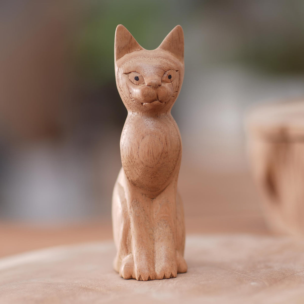 Brown Cat Sculpture Hand-Carved from Jempinis Wood in Bali