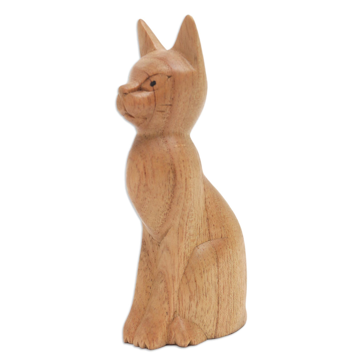 Brown Cat Sculpture Hand-Carved from Jempinis Wood in Bali