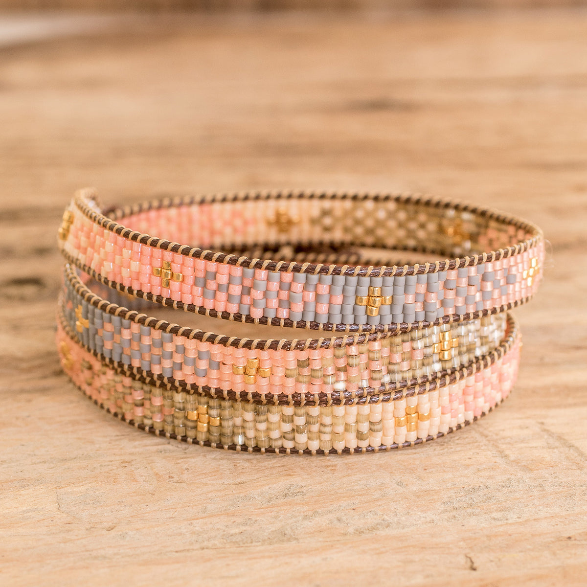 Handcrafted Glass Beaded Wrap Bracelet with Mosaic Pattern