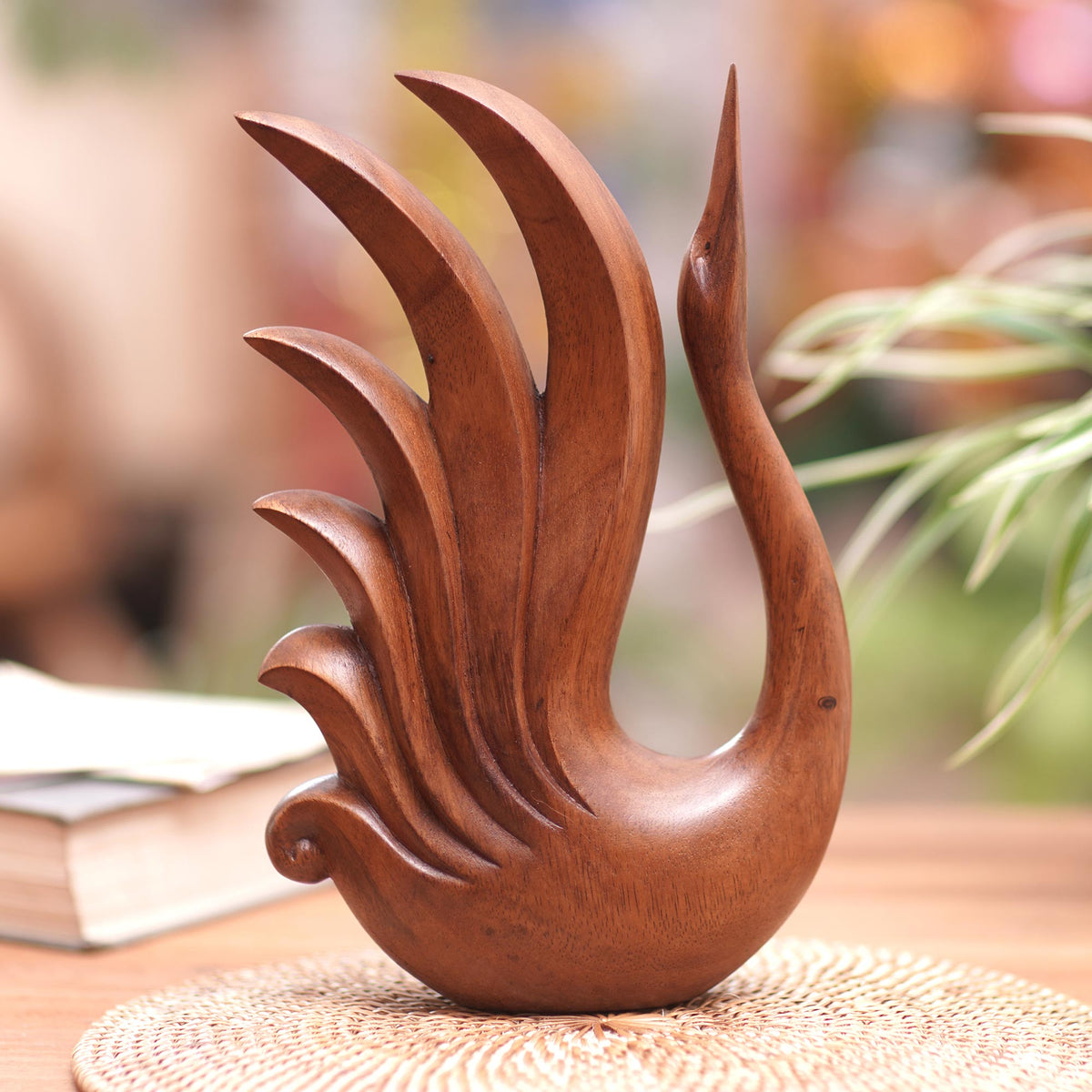 Hand-Carved Brown Suar Wood Sculpture of Elegant Swan