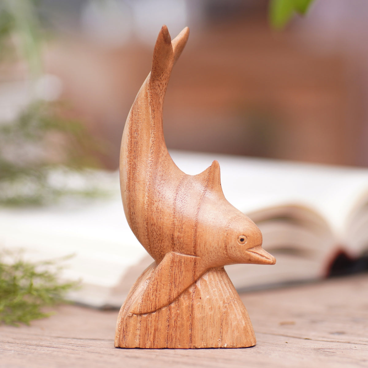 Hand-Carved Jempinis Wood Dolphin Statuette from Bali - Sea Guide