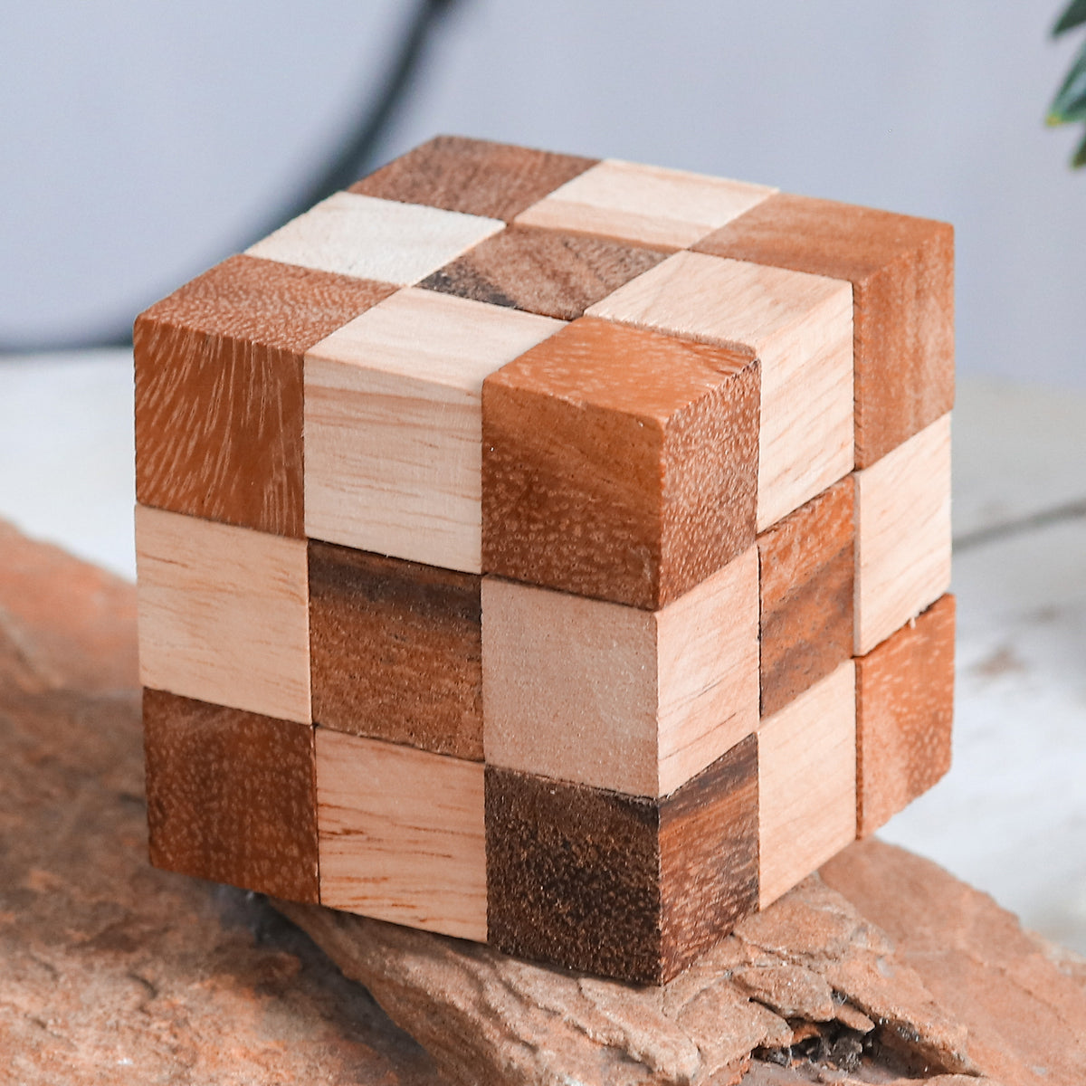 Brown Raintree and Rubberwood Snake Cube, 'Logic Squares'