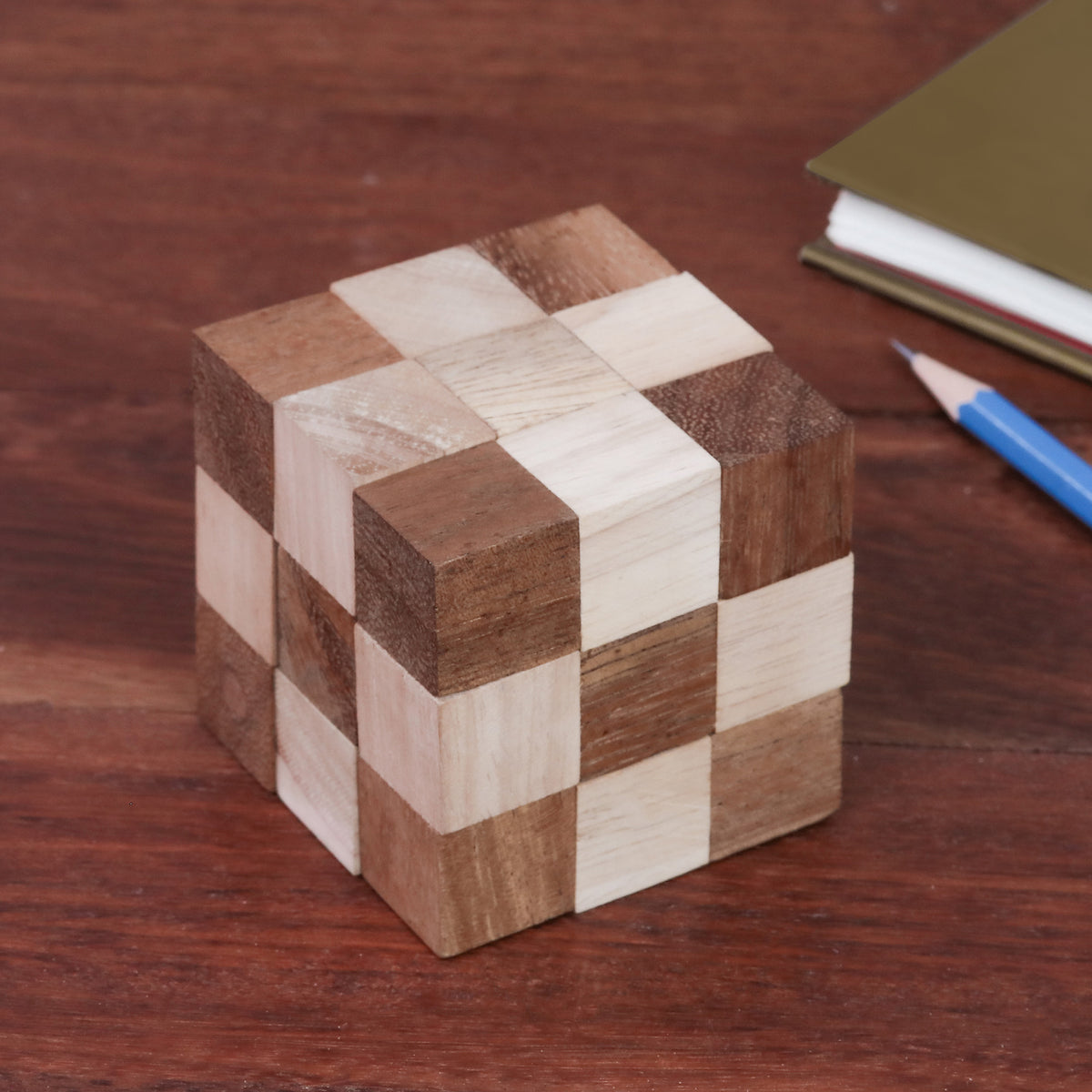 Brown Raintree and Rubberwood Snake Cube, 'Logic Squares'