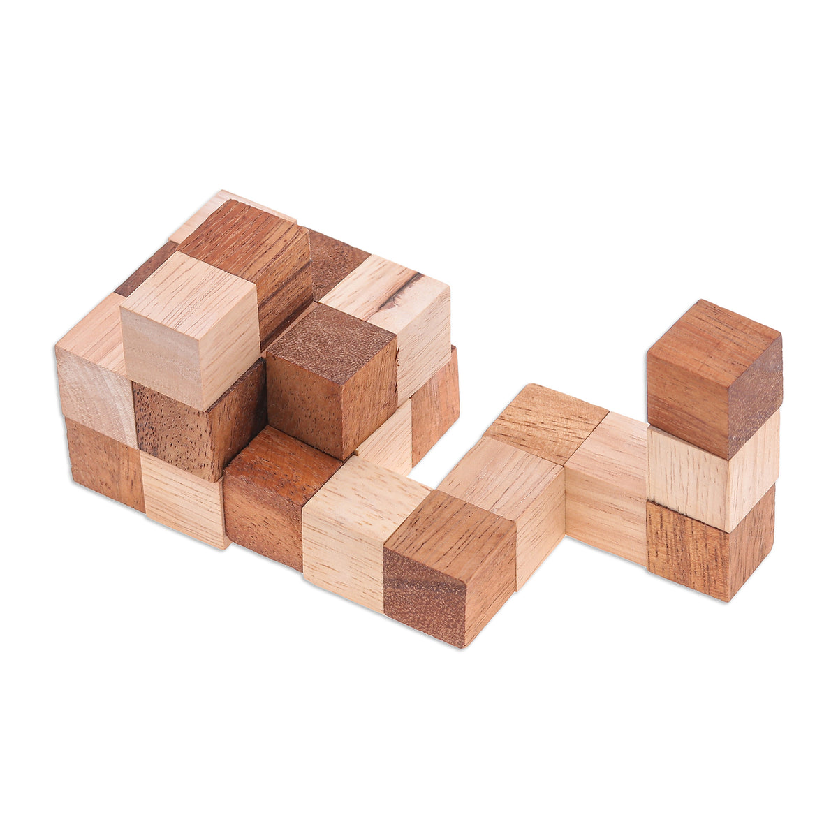 Brown Raintree and Rubberwood Snake Cube, 'Logic Squares'