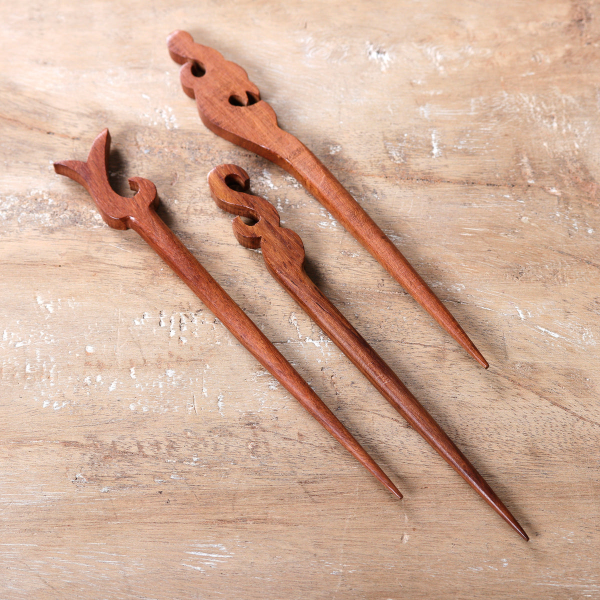Palatial Grace - a Set of 3 Hand-Carved Natural Brown Mango Wood Hairpins