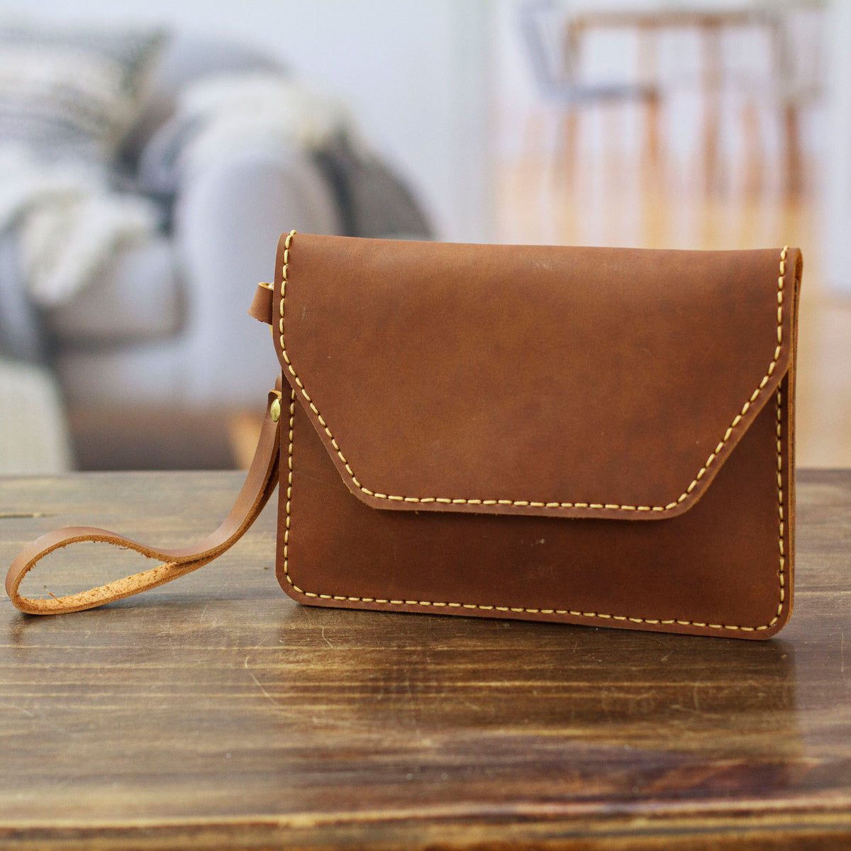 Sophisticated Chestnut - Handcrafted Minimalist Chestnut Leather Wristlet