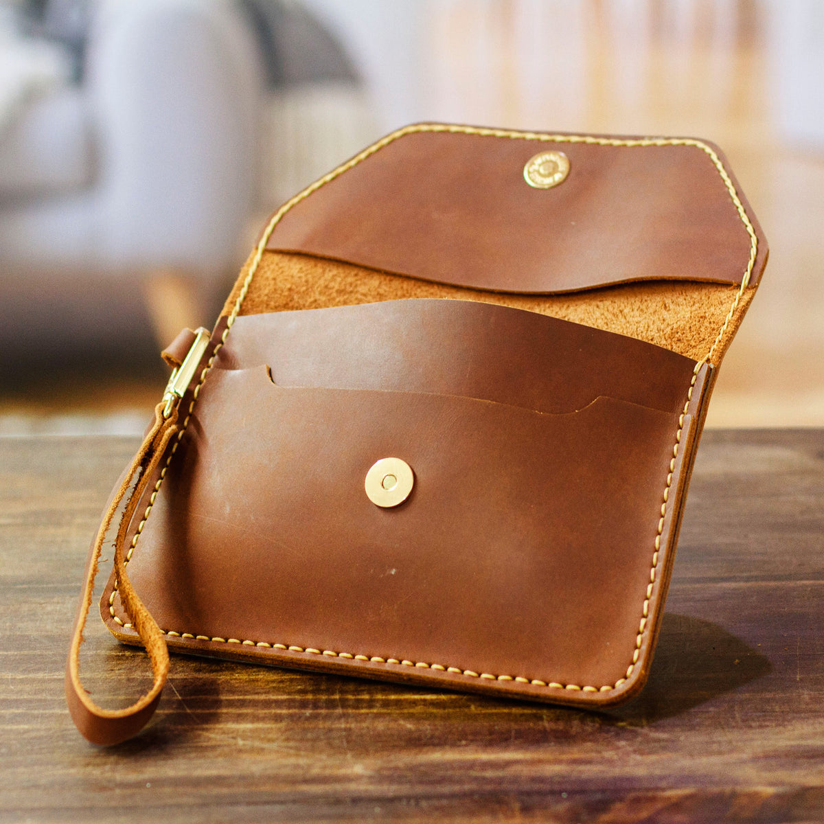Sophisticated Chestnut - Handcrafted Minimalist Chestnut Leather Wristlet
