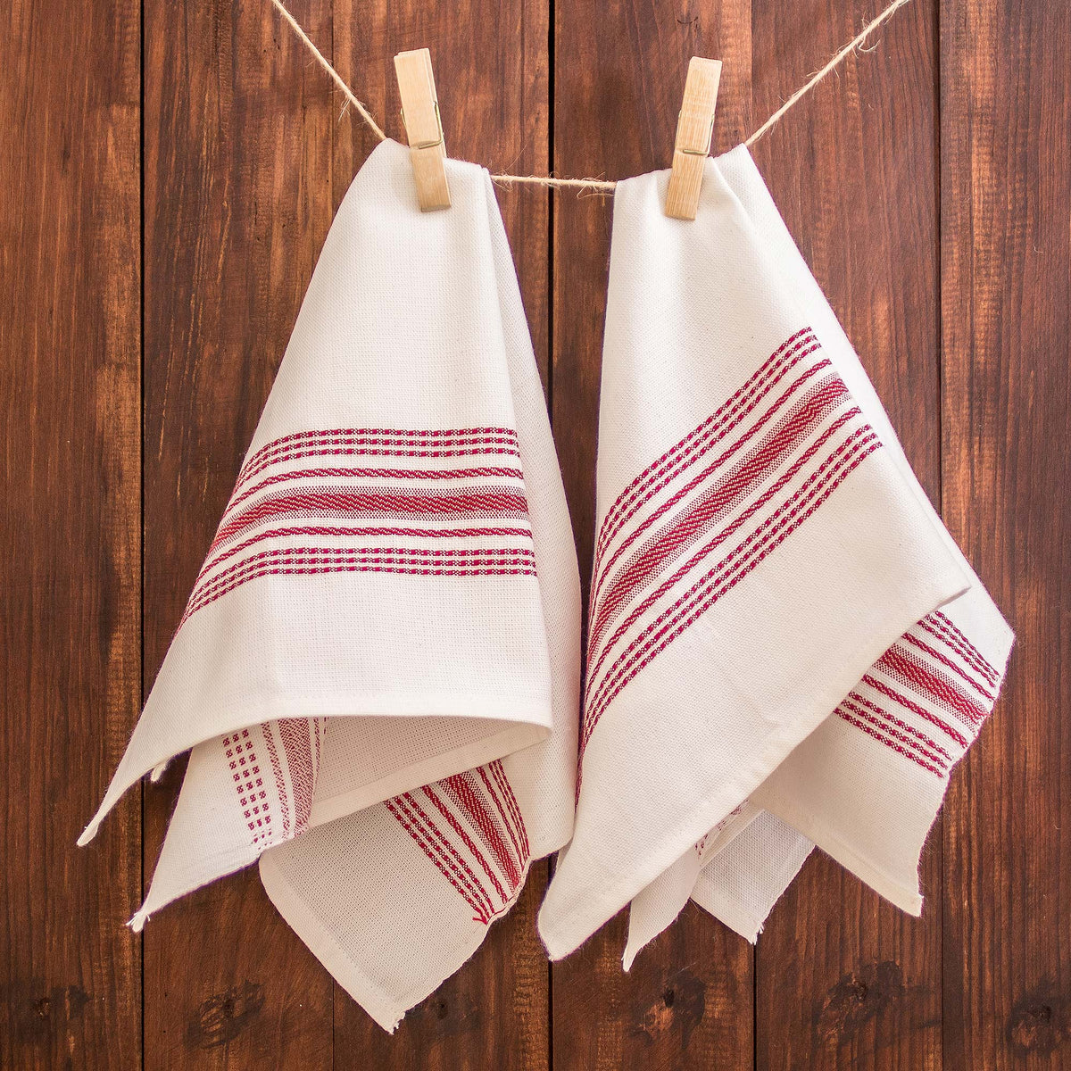 Seasonal Stripes - a Pair of Striped 100% Cotton Napkins in Crimson and White Hues