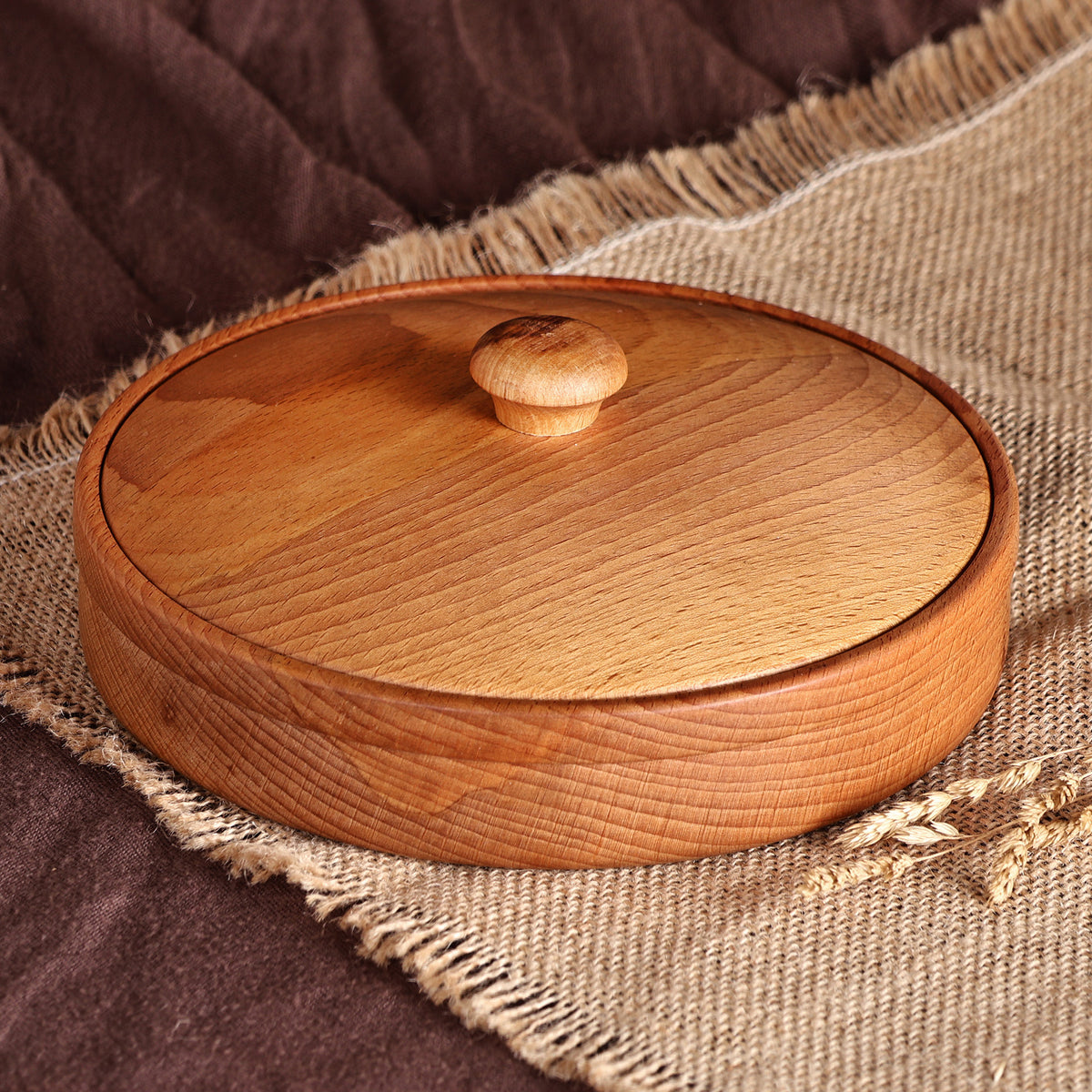 Sylvan Treasure - a Polished Round Brown Beechwood Decorative Box with Lid