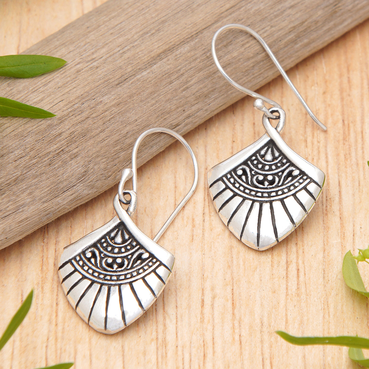 Traditional Fan-Shaped Sterling Silver Dangle Earrings - Gianyar Morning 