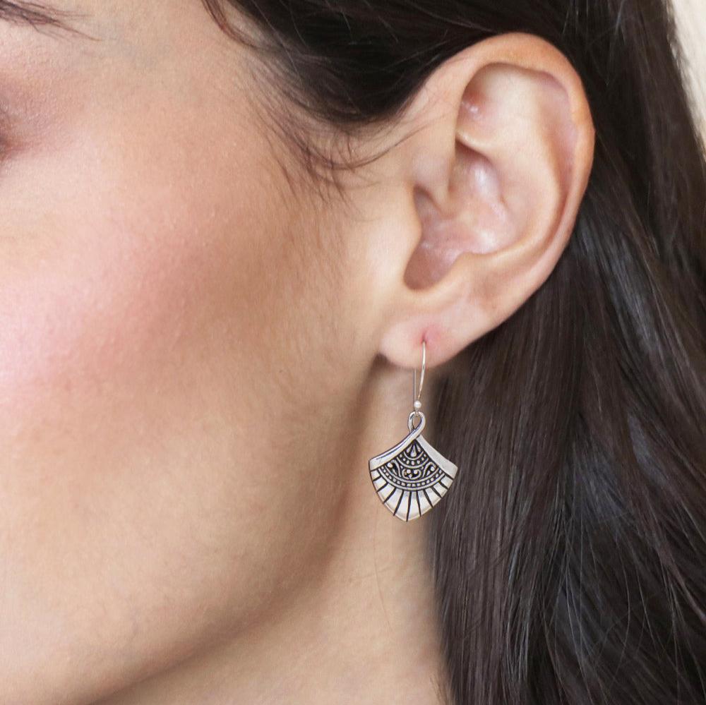 Traditional Fan-Shaped Sterling Silver Dangle Earrings - Gianyar Morning 
