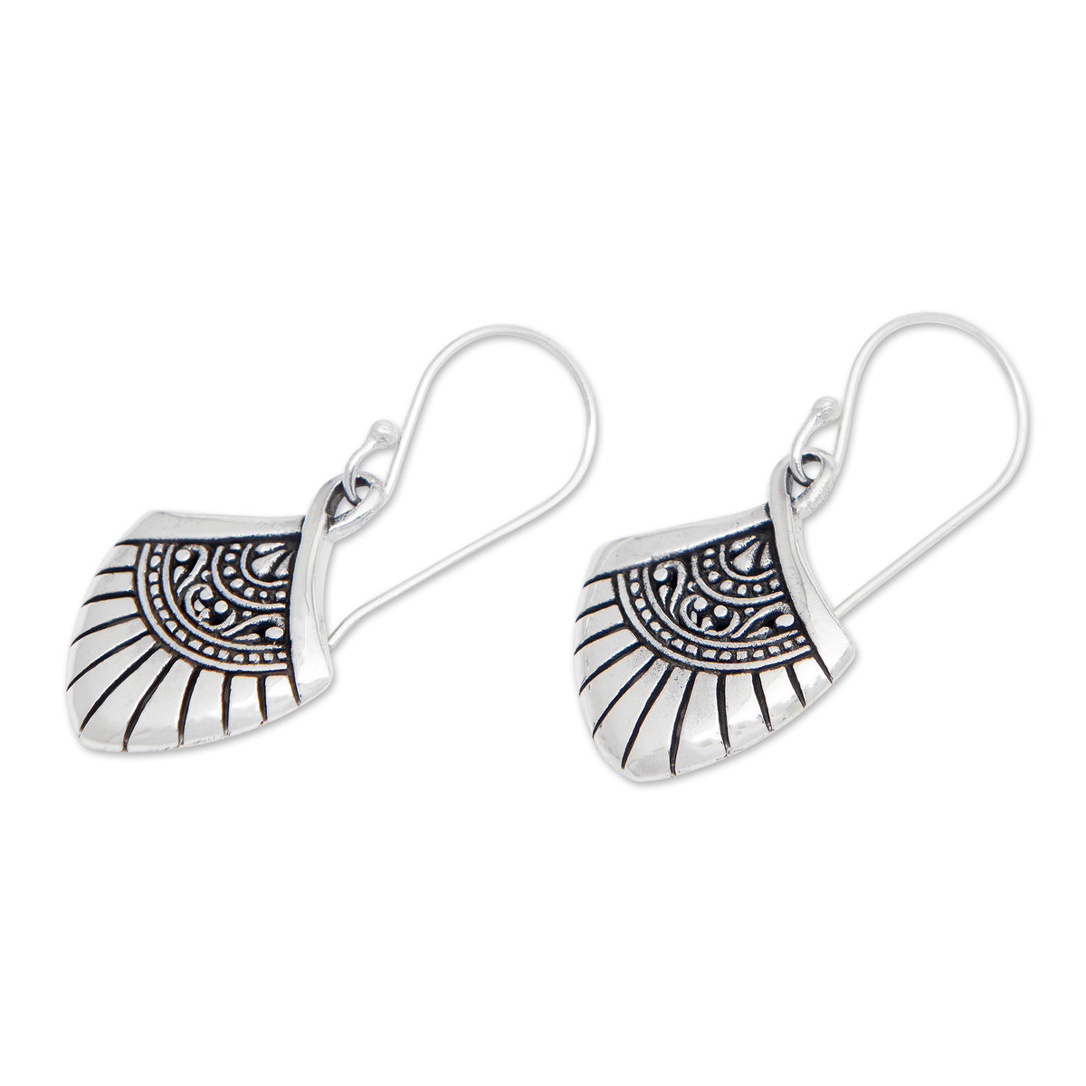 Traditional Fan-Shaped Sterling Silver Dangle Earrings - Gianyar Morning 