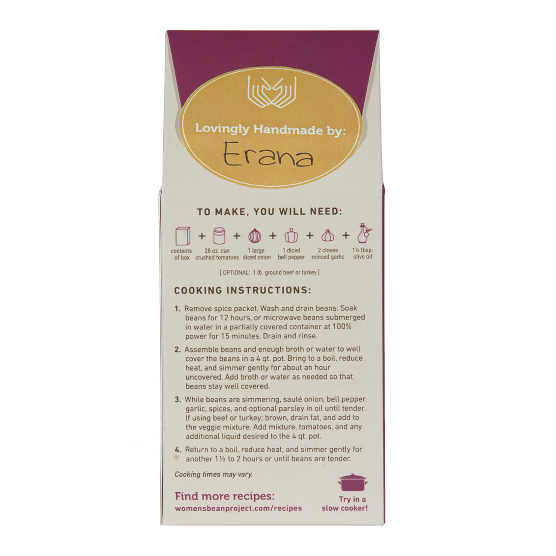 Rear label and cooking instructions of chili mix