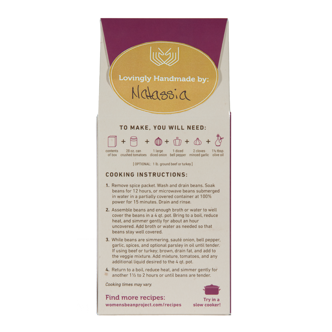 Rear label and cooking instructions of Chili mix