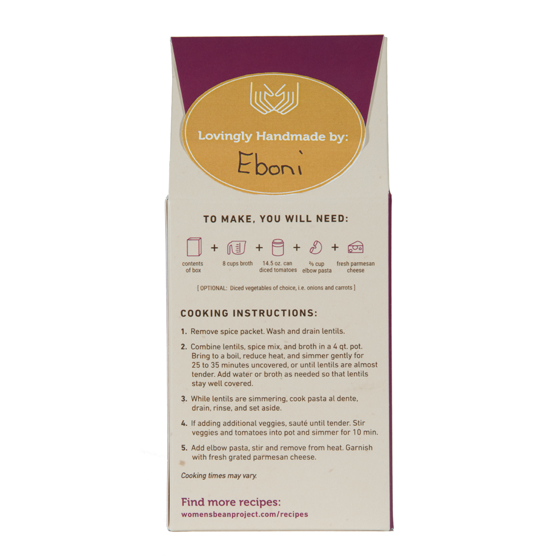 Rear label and cooking instructions of soup mix