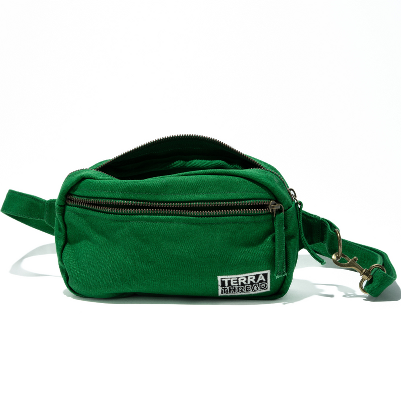 Sustainable organic cotton fanny pack in a moss green color