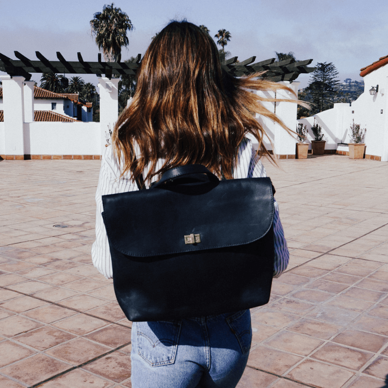 MINI CONVERTIBLE BACKPACK TOTE - BLACK NATURAL GRAIN LEATHER