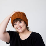 Camel beanie on model