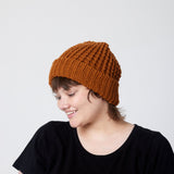 Camel beanie on model (side)