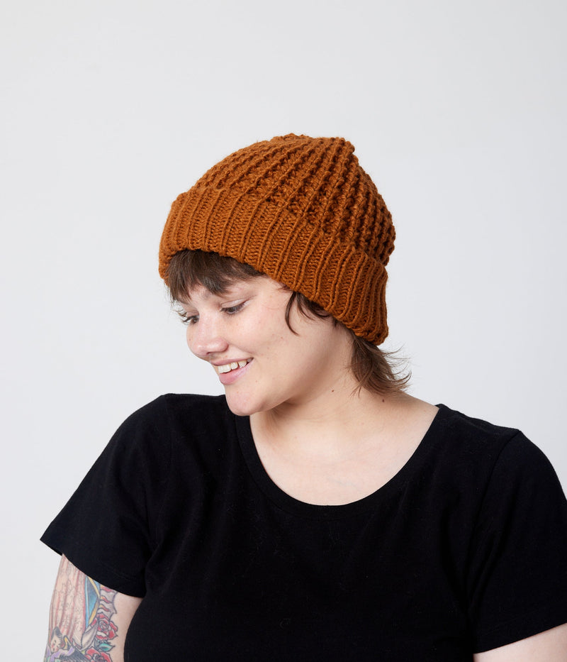 Camel beanie on model (side)