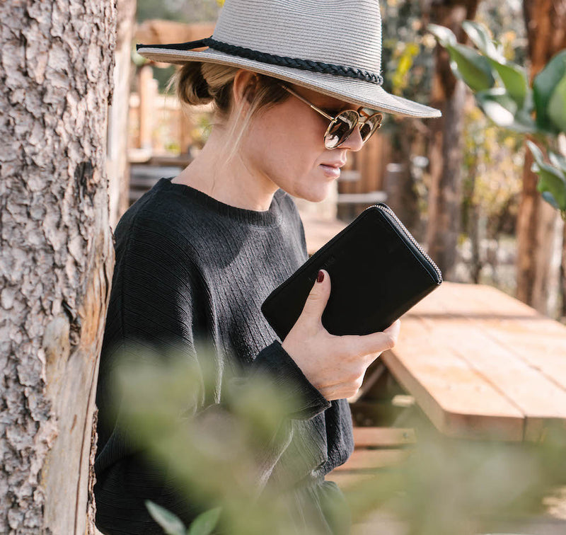 Women holding Black Zip Wallet