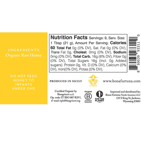 Nutrition facts and rear label of honey