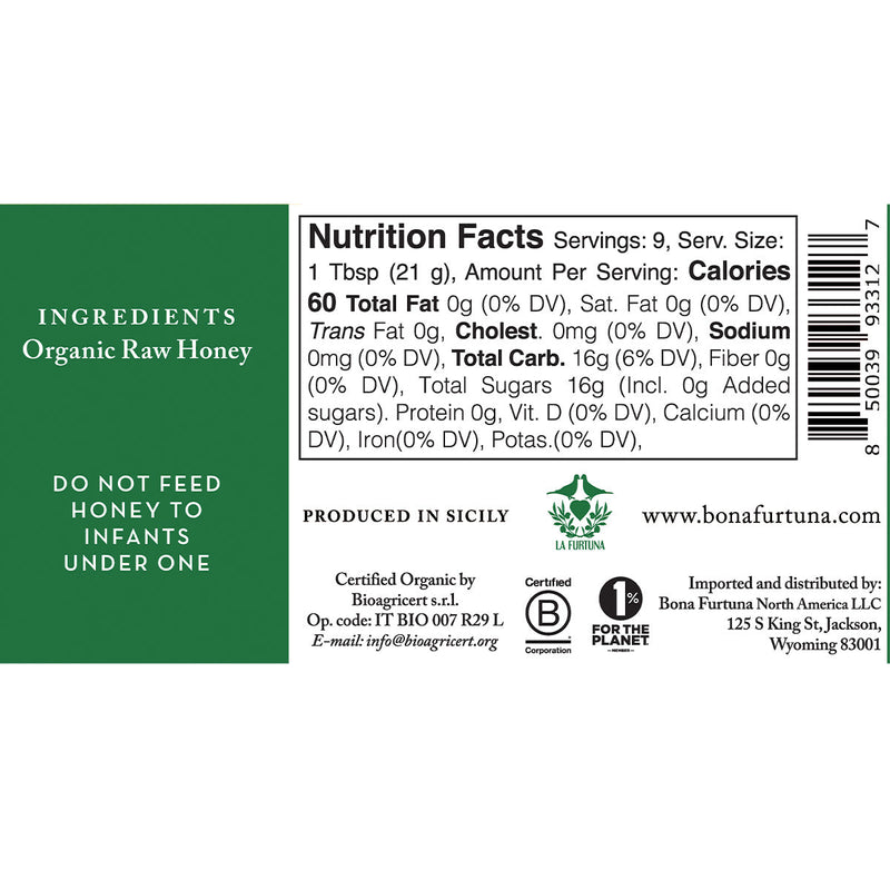 Nutrition facts and rear label of honey 