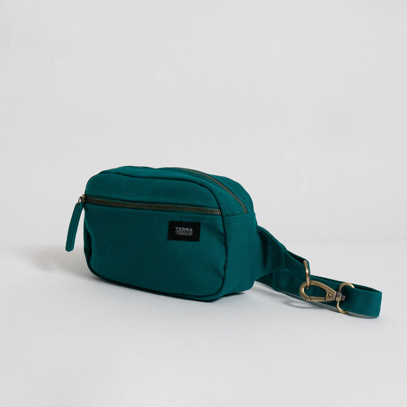 Sustainable organic cotton fanny pack in a teal color