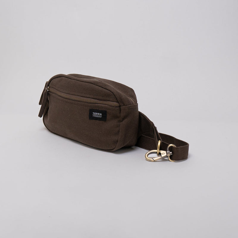 Sustainable organic cotton fanny pack in a chestnut brown color