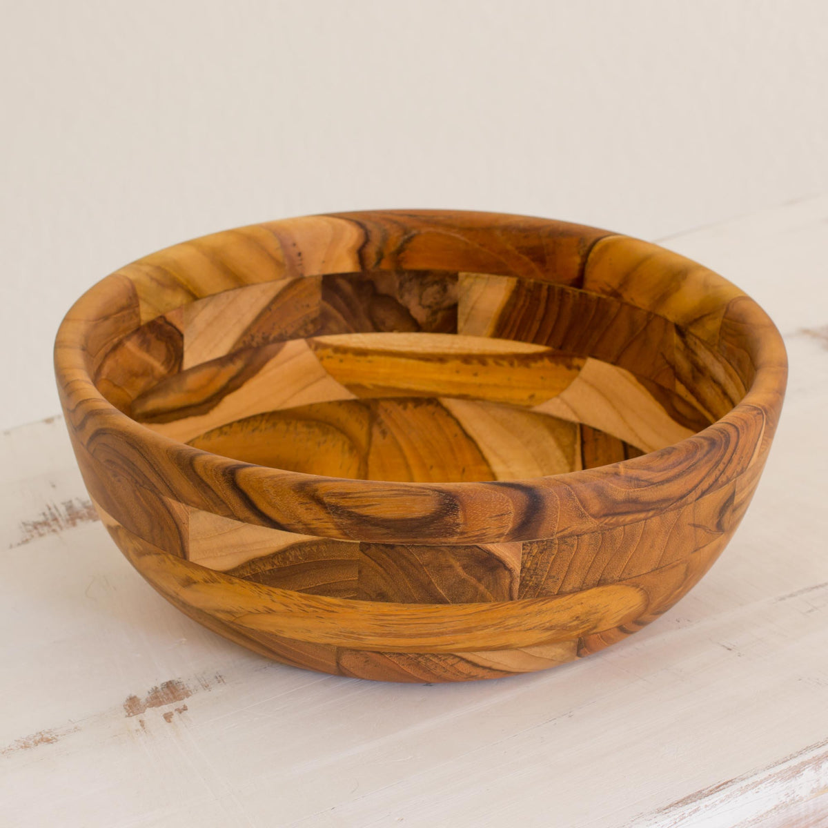 Guatemalan Teak Wood Handmade 10-inch Bowl - Forest Mosaic