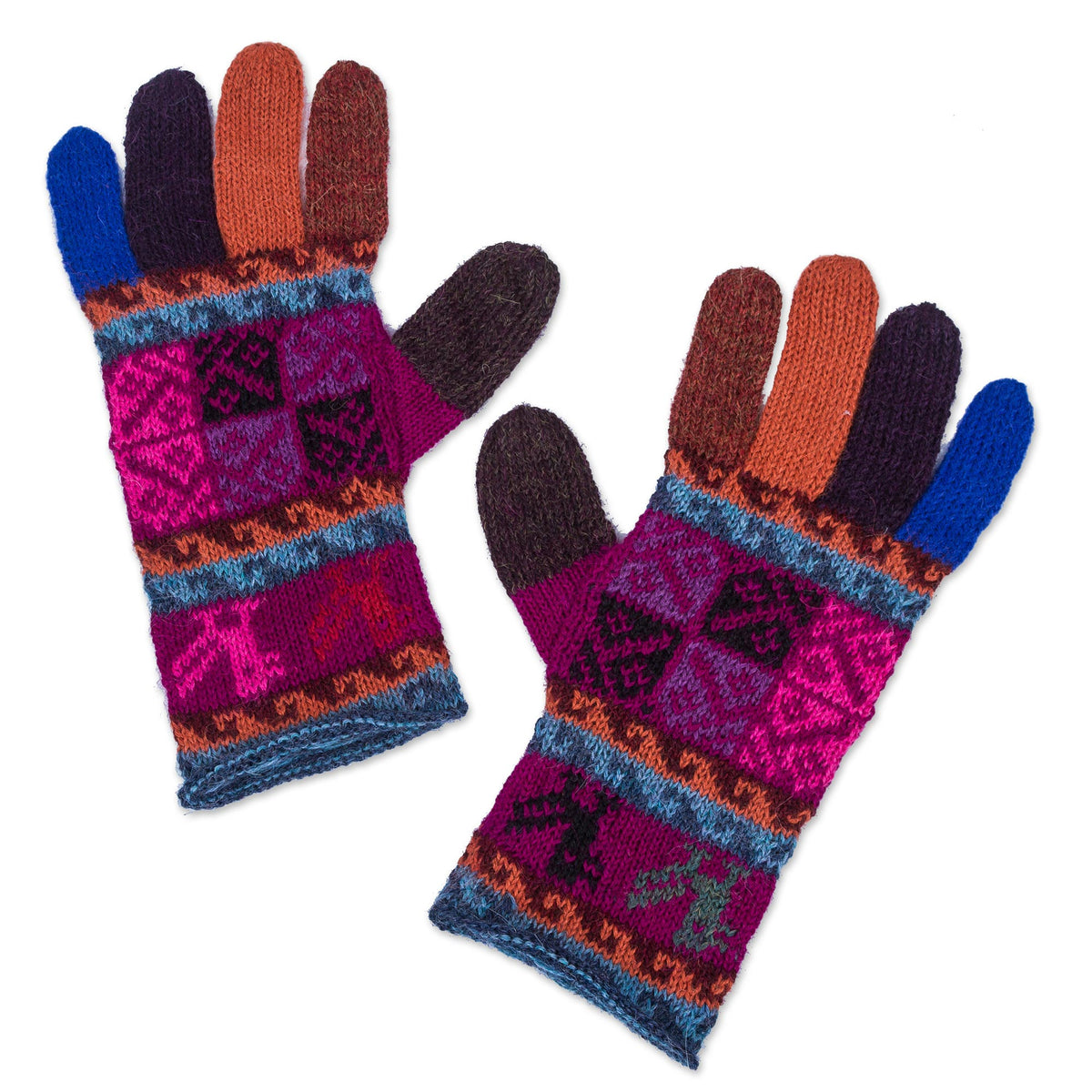 Peruvian Patchwork In Magenta 100% Alpaca Gloves
