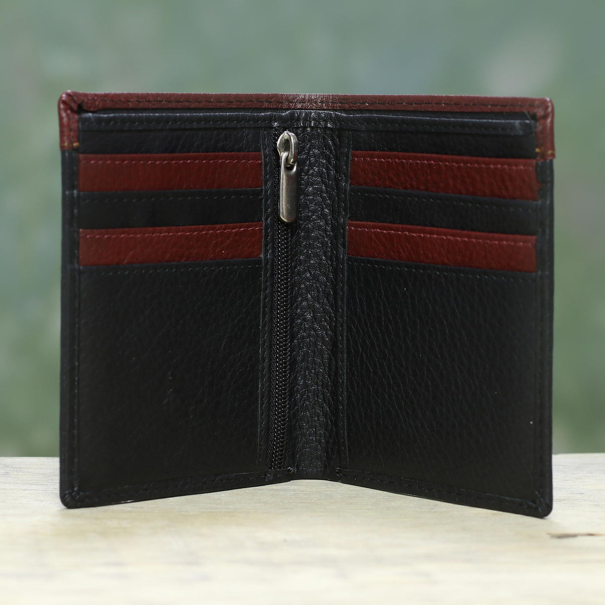 Compact Black and Mahogany Leather Wallet